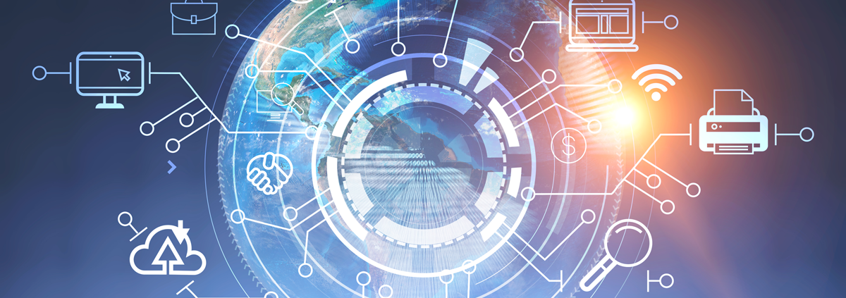 Digital technology roadmap illustrating interconnected devices and global network, emphasizing commercial security solutions and technology integration.